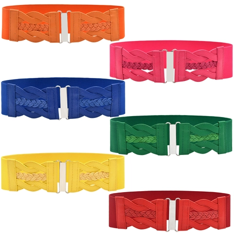 Women Wide Elastic Waist Belt Faux Leather Woven Design Cinch Corset With Alloy Interlocking Buckle For Dresses Coat