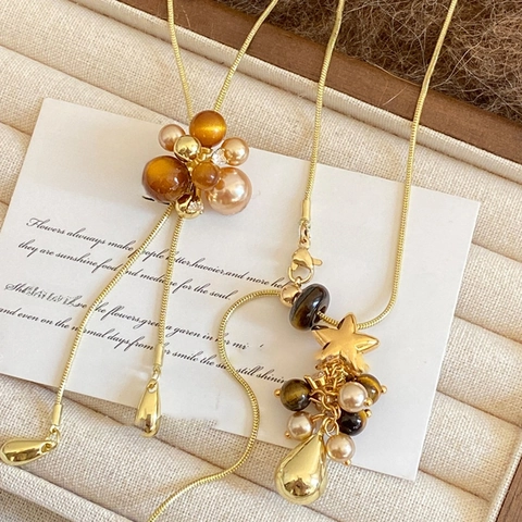 Collar Largo De Cadena Para Suéter Piedra Ojo De Tigre Perla Artificial Aleación Oro Forma Y Estrella Colgante Gota Vintage Retro Maillard