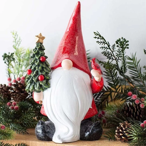 Figurine De Gnome De Noël Statue De Père Noël En Résine Barbe Blanche Tenant Un Arbre Décoration De Table