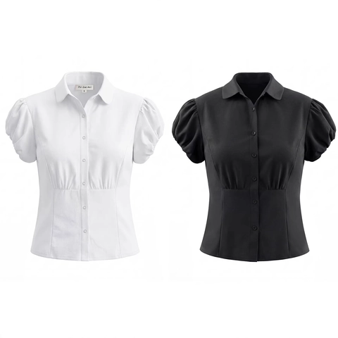 Camisa De Manga Corta Abullonada Para Mujer Mezcla De Algodón Ajustada Entallada Color Sólido Vintage Solapa Top