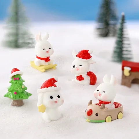 Weihnachten Mini Hase Figuren Harz Desktop Ornament Mikro Landschaft Dekor Lagerfeuer Rentier Schlitten Cartoon Niedlich