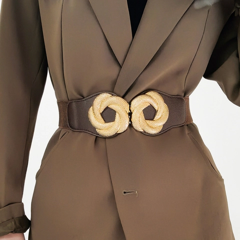 Women Elastic Corset Belt Faux Leather Stretch Waistband Metal Interlocking Buckle Fashion Dress Decoration