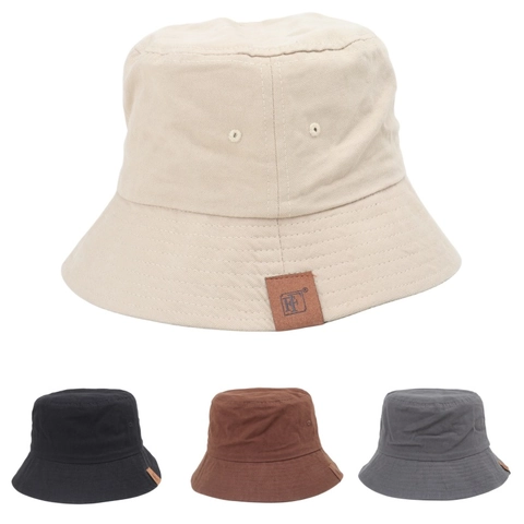 Unisex Cotton Canvas Bucket Hat Sun Protection Wide Brim Outdoor Casual Solid Color With Leather Patch