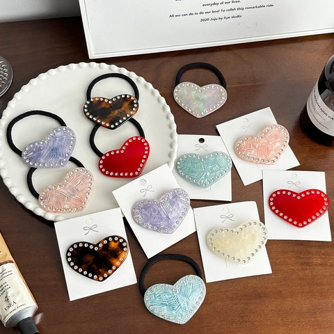 Pinza Para El Cabello Y Coletero De Corazon Acetato Con Diamantes De Imitacion Accesorio Elegante