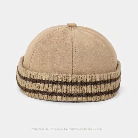 Vintage Docker Hat Brimless Miki Cap Cotton Knitted Striped Adjustable Winter Warm Retro Yuppie Beanie Unisex