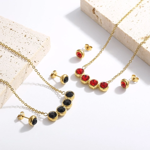 Stainless Steel Jewelry For Women Geometric Round Rhinestone Necklace And Stud Earrings Gold Plated Minimalist Elegant Accessory