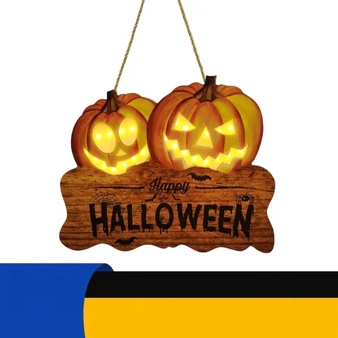 Letrero Colgante Calabaza Halloween Madera LED Iluminado Decoración Pared Puerta Happy Halloween Patrón Murciélago