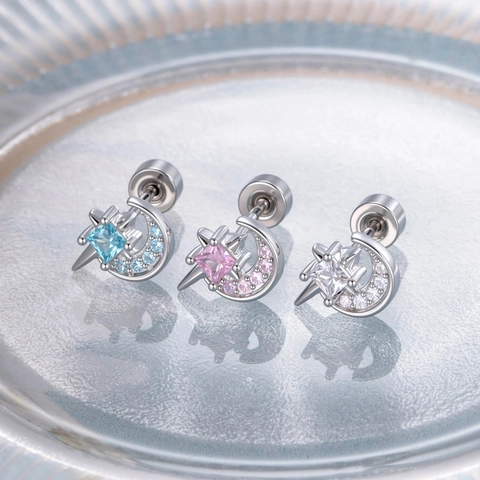Stern Mond Ohrknorpel Stecker Edelstahl Kupfer Zirkon Eingelegt Piercing Ohrring Zierlicher Unisex Schmuck