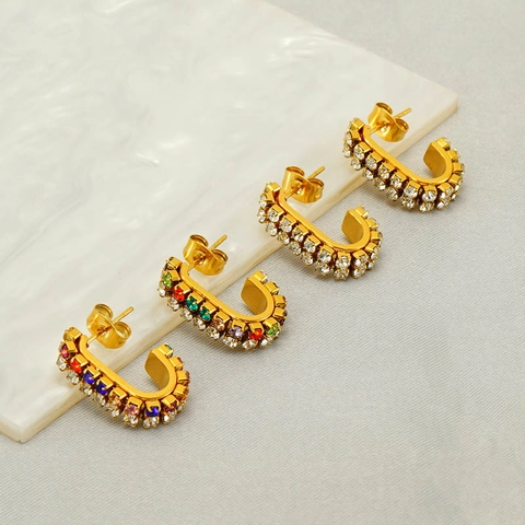 Roestvrij Staal 18K Vergulde C-Vormige Hoop Oorbellen Met Kleurrijke Witte Strass Steentjes Geometrische Retro Voor Vrouwen