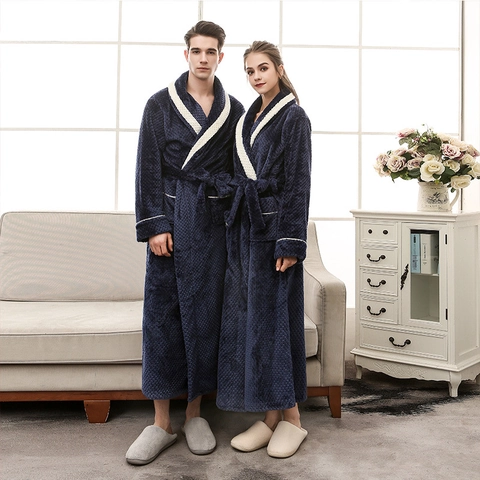 Lange Badjas Flanel Fleece Dik Warm Winter Nachtmode Sjaalkraag Contrastrand Ananasrooster Koppels Heren Dames