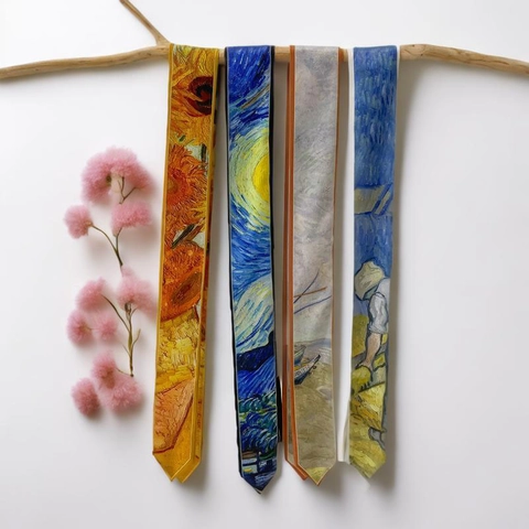 Lange Smalle Lint Sjaal KunstSatijn Olieverf Van Gogh Stijl Haarband Tas Handvat Wikkel Elegant Artistiek Voor Dames