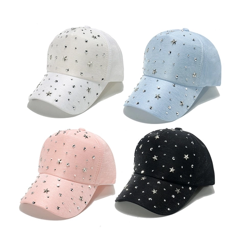 Women Baseball Cap Polyester With Metal Star Rivets Rhinestones Sparkling Trendy Streetwear Adjustable