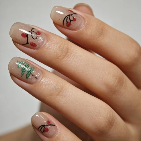 Uñas Postizas De Navidad Diseño Árbol Y Lámpara Brillo Rosa Nude Cuadrado Redondo Para Manicura De Vacaciones