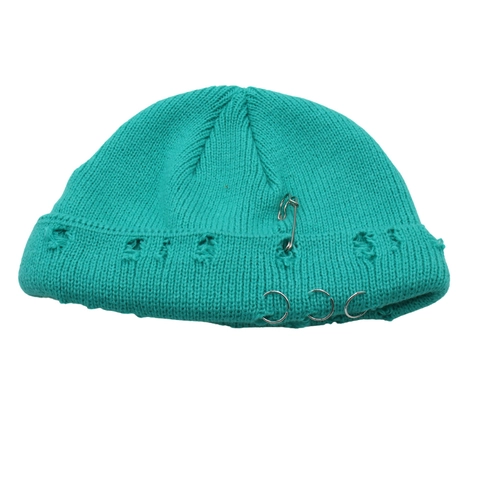Distressed Knitted Beanie Hat With Metal Rings And Safety Pin Punk Hip Hop Streetwear Warm Winter Skull Cap For Men Women