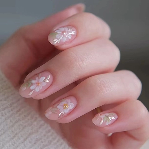 Press On Nails Short Almond Fake Nail Tips ABS Plastic Fresh Flower Pattern Sweet Style For Women Detachable