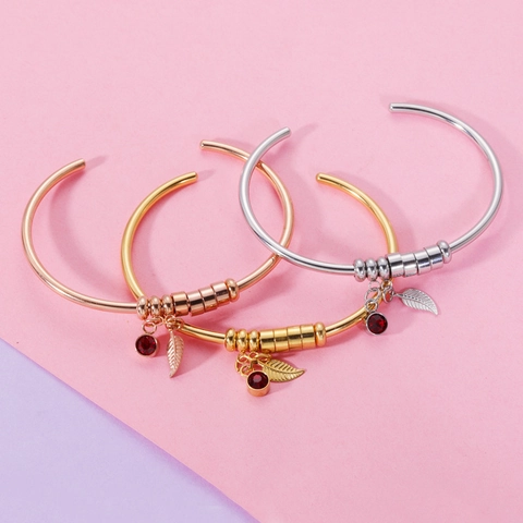 Brazalete De Piedra De Nacimiento Acero Inoxidable Con Colgante De Hoja Y Piedra Redonda De Colores Joyería Para Mujer