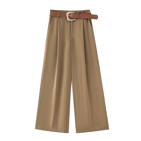 Damen Weite Hose Mit Hoher Taille Und Gürtel Satin Optik Elegante Gerade Hose Lässige Polyester Hose
