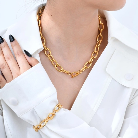 Bracciale e Collana in Acciaio Inossidabile a Catena Grossa per Donna Gioielli Minimalisti Moderni con Chiusura a Scomparsa