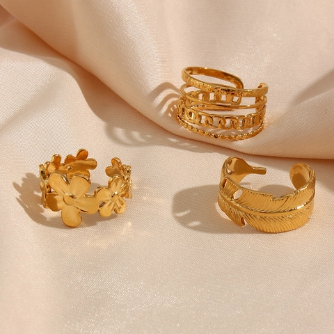 Moderner Edelstahl Verstellbar Goldener Öffnung Ring Für Damen Hohl Blume Feder Blatt Kreuz Liebe Buchstabe Fingerring Mode Schmuck Geschenk