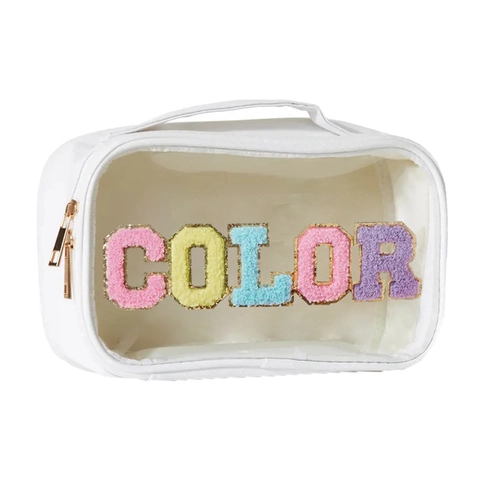 Transparente PVC Kosmetiktasche Chenille Buchstaben Patches Wasserdicht Reise Make Up Organizer Handtasche Für Damen