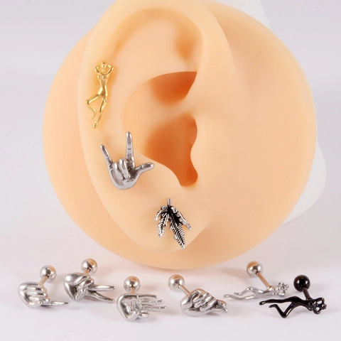 Stainless Steel Hand Gesture Sword Leaf Body Stud Earrings Cartilage Piercing Heart OK Victory Finger Earring Jewelry