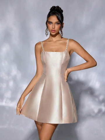 Champagner Satin Minikleid Strass Träger Rückenfrei A Linie Abendparty Kleidung Für Damen Elegant
