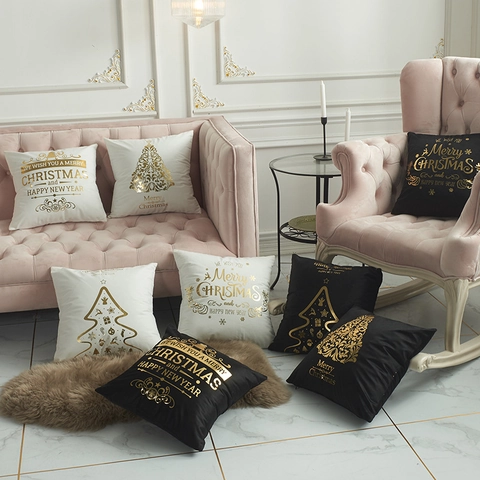 Kerst Kussenslopen Goud Gestempeld Bronzing Kerstboom Fluwelen Kussenhoezen Voor Sofa Woondecoratie Vakantie Minimalistisch