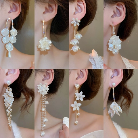 Elegant Flower Petal Artificial Pearl Tassel Earrings Alloy Zircon Jewelry With 925 Sterling Silver Earring Post For Women