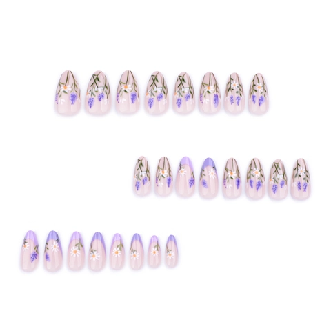 Press On Nagels Amandelvorm Met Paarse French Tip Madeliefje Lavendel Bloemenpatroon Elegante Manicure Voor Vrouwen