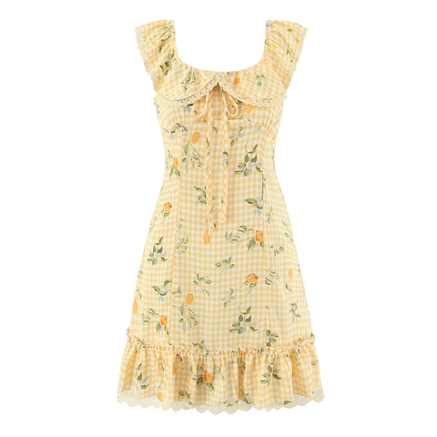 Robe Courte Vichy Avec Imprimé Citron Polyester Bordure En Dentelle Manches Volantes Col Carré Style Rétro