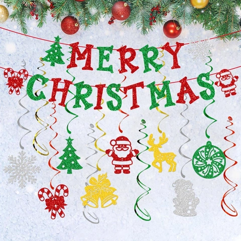 Banner Buon Natale E Ornamenti Appesi A Spirale Carta Luccicante Decorazione Festa Di Natale Soffitto Casa