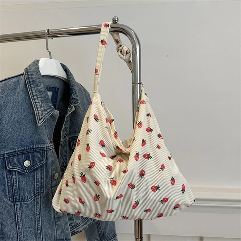 Corduroy Shoulder Tote Bag Large Capacity Strawberry Print Casual Literary Handbag For Women Daily Commute