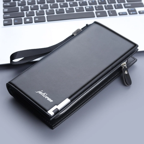 Portefeuille Long Pour Hommes Pochette En Cuir PU Grande Capacité Multifonctionnel Fermeture Éclair Fentes Pour Cartes Avec Dragonne