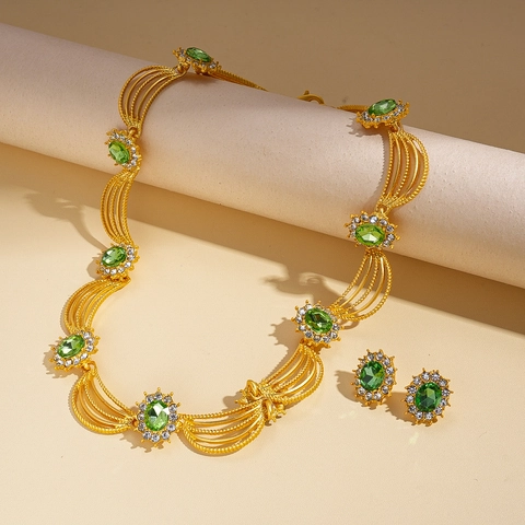 Collana E Orecchini Con Strass Ovali Verdi Stile Palazzo Vintage Lega Placcata Oro Gioielli Lusso Reale Per Donne