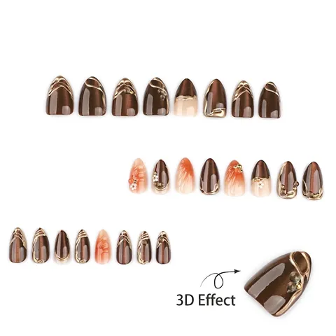 3D Cat Eye Ψεύτικα Νύχια Καφέ Γυαλιστερά Με Λευκό Λουλούδι Χρυσή Ανάγλυφη Γραμμή Κοντά Αμύγδαλο Τεχνητά Νύχια