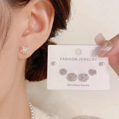 Orecchini a Bottone Lucidi Con Sfera di Strass e Perle Artificiali alla Moda per Donna Rame Con Perno in Argento Sterling 925 Gioielli di Moda