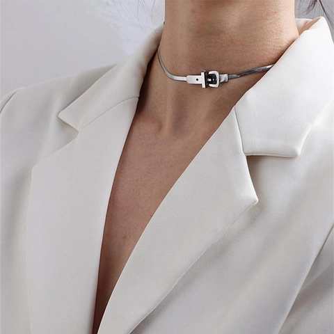 Schlangenkette Choker Halskette Edelstahl Gürtelschnalle Design Flache Fischgräten Minimalistisch Schick Für Frauen