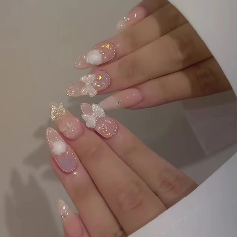 Uñas Postizas Plástico ABS Rosa Blanco Degradado Francés Forma Almendra Con Lazo 3D Diamantes De Imitación Estilo Dulce
