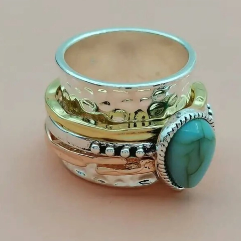 Vintage Bohemian Spinner Ring For Women Tri-Color Alloy Hammered Wide Band With Teardrop Faux Turquoise Meditation Jewelry
