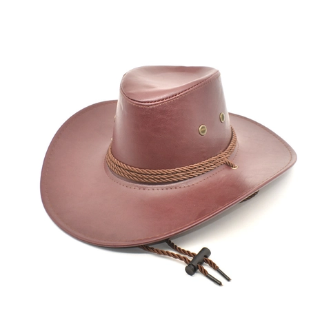Western Cowboy Hat Faux Leather Wide Brim Windproof Rope Outdoor Ethnic Style Men Women