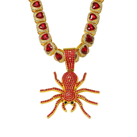 Collana Con Ciondolo Ragno Hip Hop Per Uomo Con Strass Rossi Cuore Catena A Maglia Cubana Punk Rock Gioielli Regalo Festa