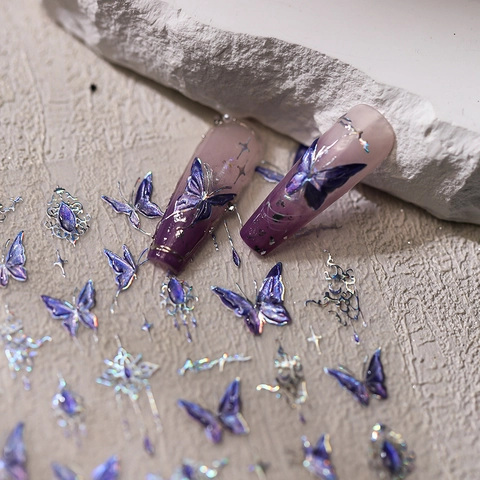 Autocollants De Nail Art Papillon Holographique Laser Violet Ultra Minces Auto-Adhésifs Décoration De Manucure