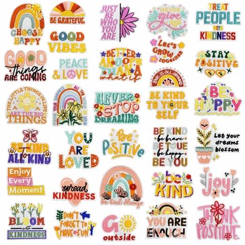 Colorful Embroidery Patches Iron On Sew On Decorative Appliques For Clothing Bags Positive Quotes Slogan Floral Rainbow DIY Fabric