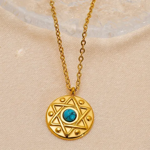 Hexagram Pendant Necklace 18K Gold Plated Stainless Steel With Turquoise Round Celestial Vintage Jewelry For Unisex