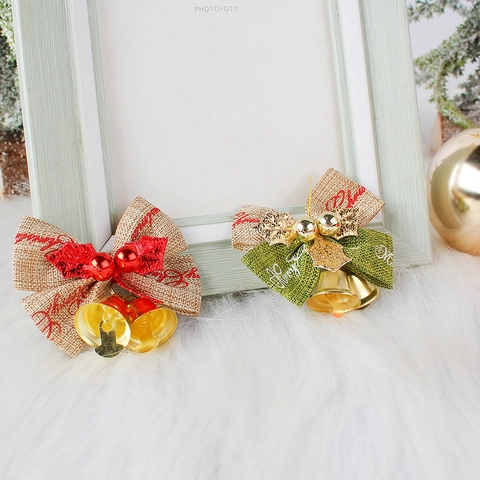 Fiocco di Sacco di Natale Con Campana in Metallo Stampa Merry Christmas Fiocchi in Nastro di Lino per Decorazione Albero di Natale Ornamento Festivo