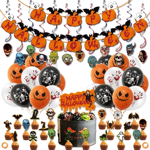 Set Decorazioni per Feste di Halloween Banner Horror Palloncini in Lattice Topper per Torte Ornamenti a Spirale Zombie