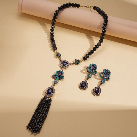 Set Gioielli Bohémien Retrò Lega Rhinestone Cristallo Viola Collana Nappa Orecchini Con Perno In Argento