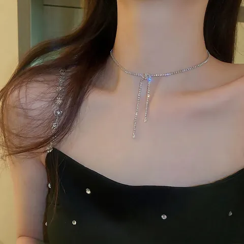 Collar Lariat Con Nudo De Lazo Cobre Circón Diamantes De Imitación Borla En Forma De Y Cadena Ajustable