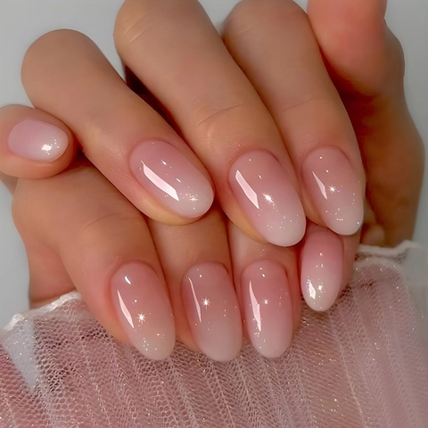 Unghie Finte Press On Sfumate Rosa Corte Ovali Unghie Artificiali Con Glitter Lucentezza Acrilico Per Donne