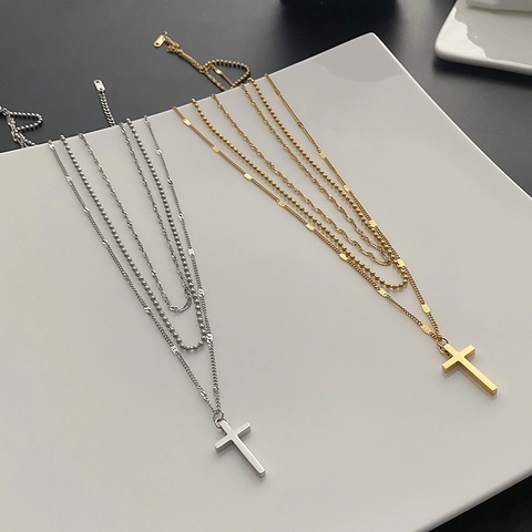 Multi-layer Cross Pendant Necklace Titanium Stainless Steel Minimalist Jewelry Non-fading Clavicle Chain For Women